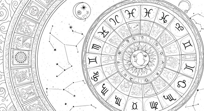 Detailed astrology wheel illustration with zodiac signs and celestial constellation pattern design