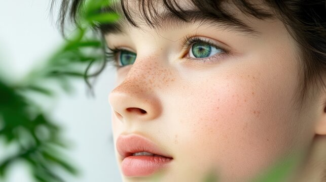 Young person with striking green eyes and freckles framed by foliage