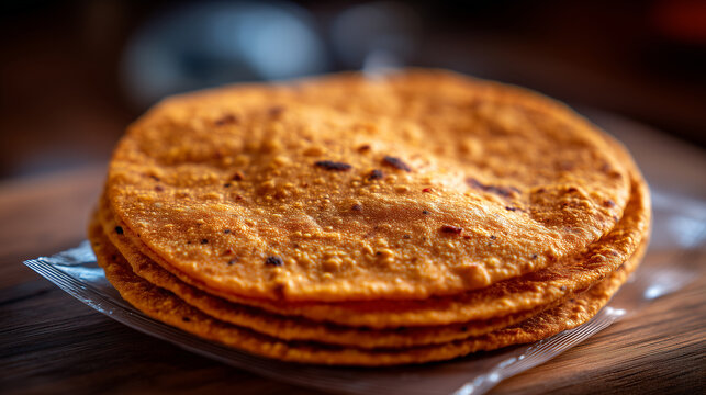 A highly detailed close-up of thin crispy lentil papadums ready to eat, stacked neatly inside a transparent plastic bag, visible seasoning and airy texture emphasized by soft direc