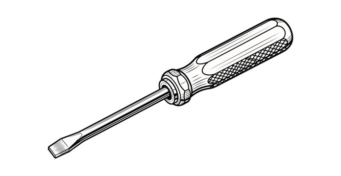 A clean line art vector graphic illustration of a flathead screwdriver tool for repairs and construction