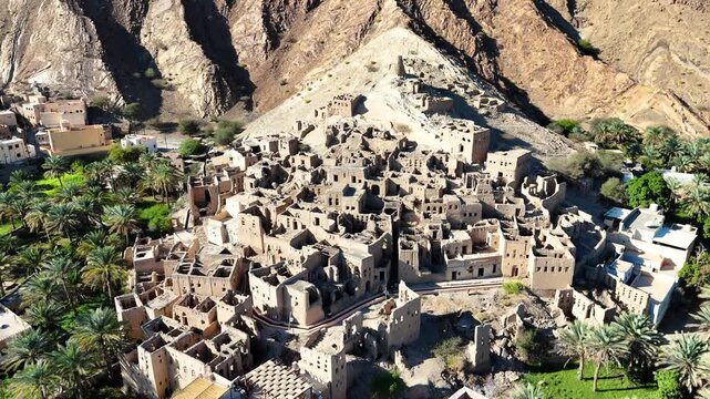 Ancient Village Ruins Aerial View Palm Oasis Birkat Al Mouz Oman