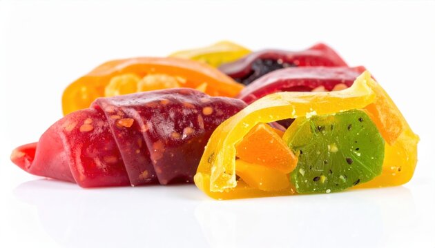 Close up of vibrant homemade fruit leather rolls cut into bite sized portions on a clean surface.