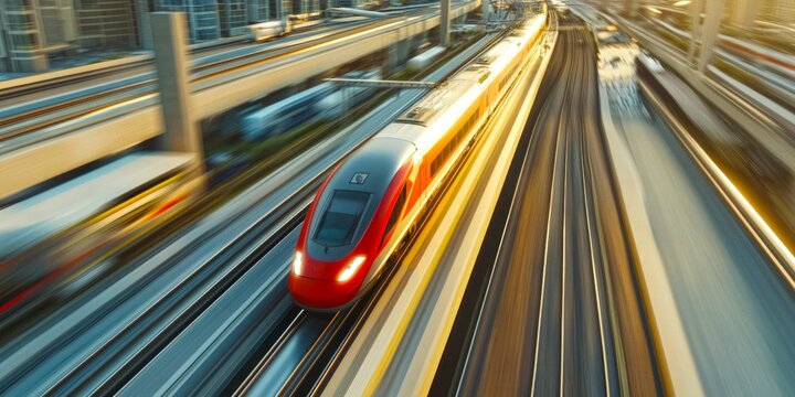 A high-speed train zooms through a modern city landscape. The motion blur captures the swift movement and energy of urban transport. This image reflects a dynamic and futuristic style. AI