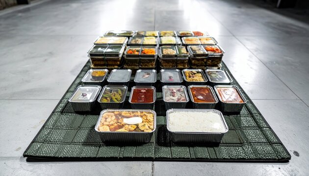 Compact emergency food rations organized in a grid pattern for disaster preparedness and survival storage.