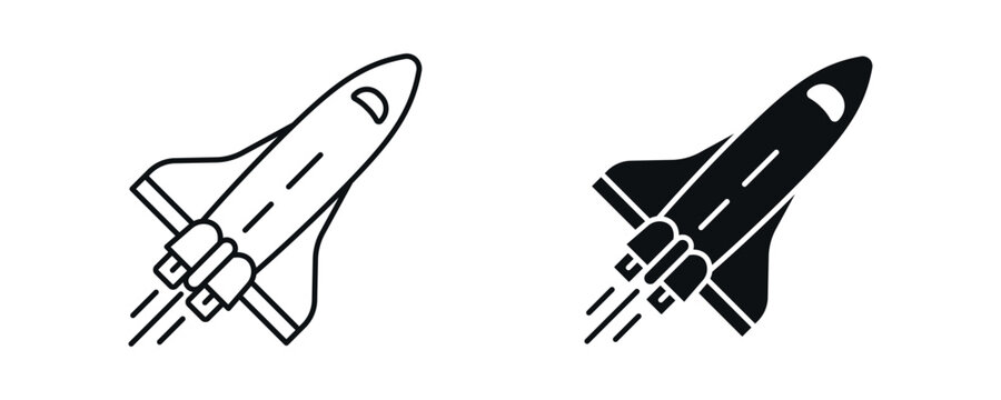 Space shuttle icon set, aerospace and launch vehicle concept in line and solid style. vector illustration.

