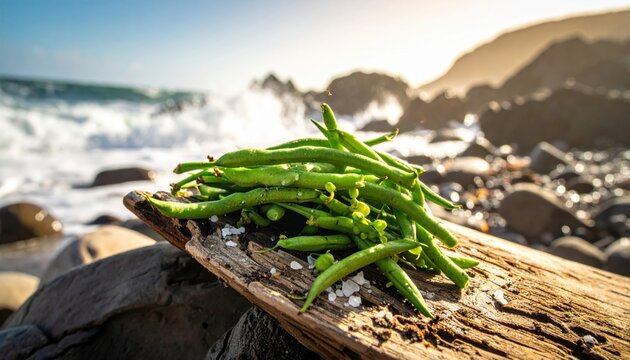 Fresh foraged green samphire or seabeans resting on a piece of weathered driftwood with coarse sea salt grains beside the ocean waves during a bright sunny day.