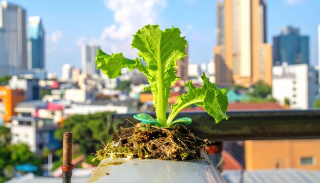 Fresh green lettuce plant growing in a makeshift hydroponic system on an urban rooftop, showing the potential for sustainable food cultivation within a busy city landscape at sunset.