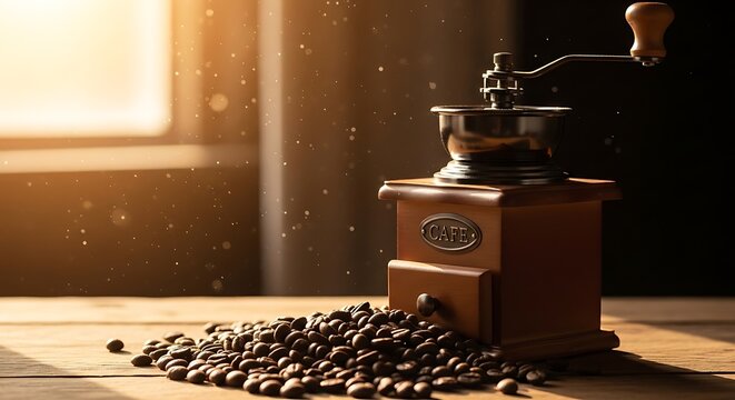 Freshly ground coffee beans in vintage manual grinder by sunlit window