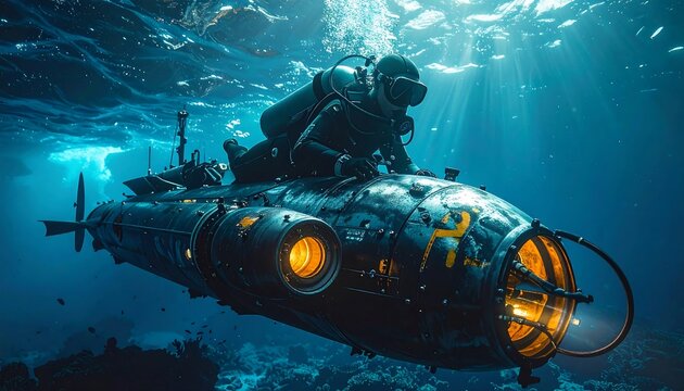 Underwater diver on a futuristic submarine