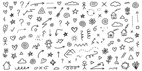 Fototapeta premium Set of hand drawn doodle icons including arrows hearts stars and shapes for creative design