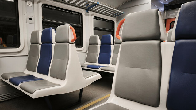 Clean and modern train cabin with blue and gray seating arranged in a neat, airy interior. Passenger rail interior featuring contemporary seat design, bright lighting, and minimalistic layout.