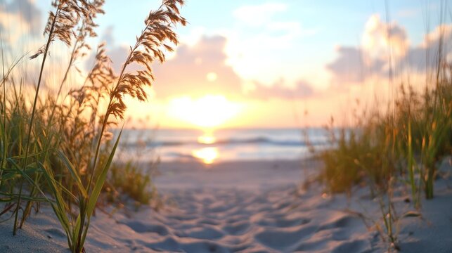 Seaside path through dunes at sunrise over ocean