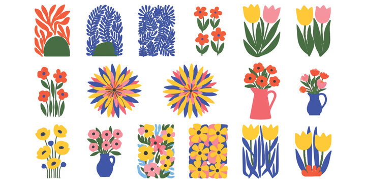 Set of colorful hand drawn floral vector illustrations featuring various flowers and botanical plants