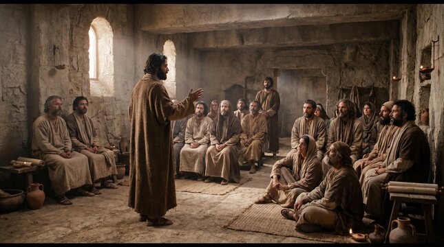 Jesus Christ or biblical teacher preaching to a group of disciples in a rustic ancient stone house interior with sunlight rays