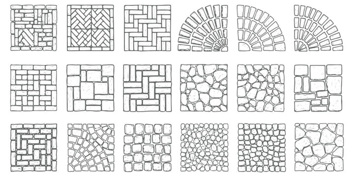 Set of stone and brick paving patterns with various geometric textures and cobble arrangements