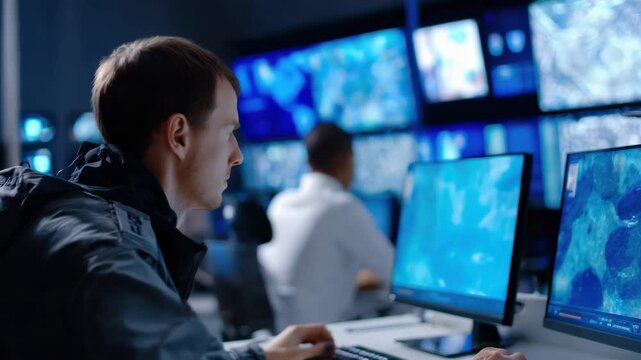 Man works at computer station in control room with multiple screens displaying data and maps