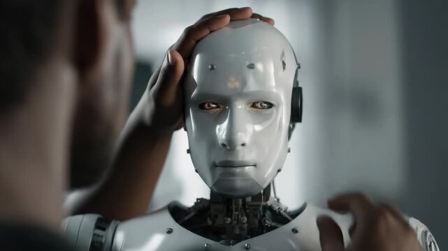 Human interacts with a realistic robot in a modern technology lab