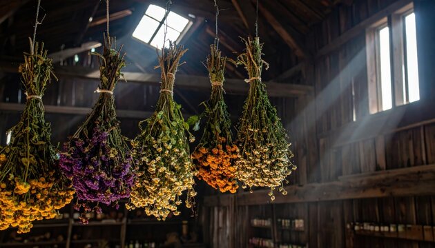 Rustic bundles of medicinal herbs including echinacea, chamomile, and valerian hanging to dry inside a vintage wooden barn illuminated by bright natural sunlight beams from the roof window.