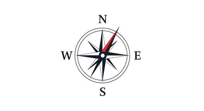 Minimalist red compass needle on black and white circular background