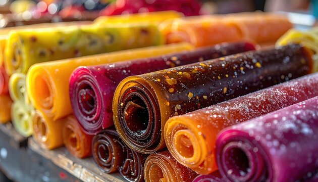 Vibrant rows of homemade fruit leather rolls arranged in a rustic display.