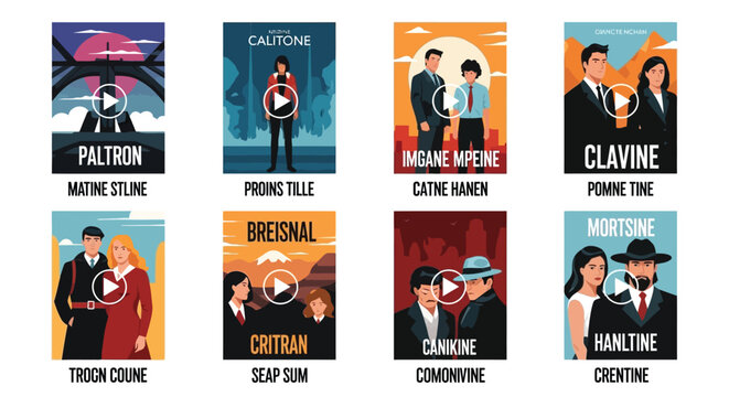 Diverse collection of stylized flat design illustrated book covers each featuring a play button overlay suggesting video content or digital media previews with distinct character