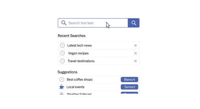 Cursor hovering over a clean modern search bar interface with recent searches and suggestions representing online information discovery and user interface design concepts