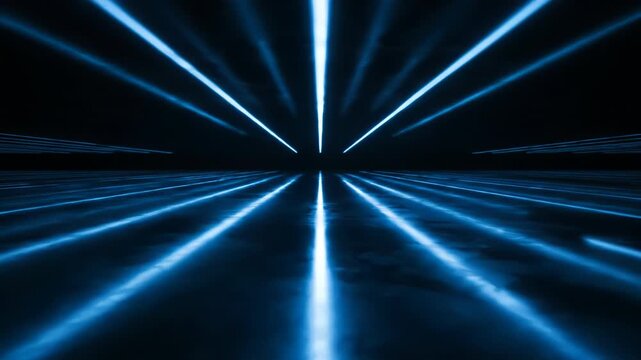 Futuristic blue neon lines converge in a dark tunnel. Abstract digital background with a sense of speed.