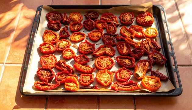 Sun dried tomatoes and sliced peppers arranged on a baking sheet to dry in the sunlight for preservation.