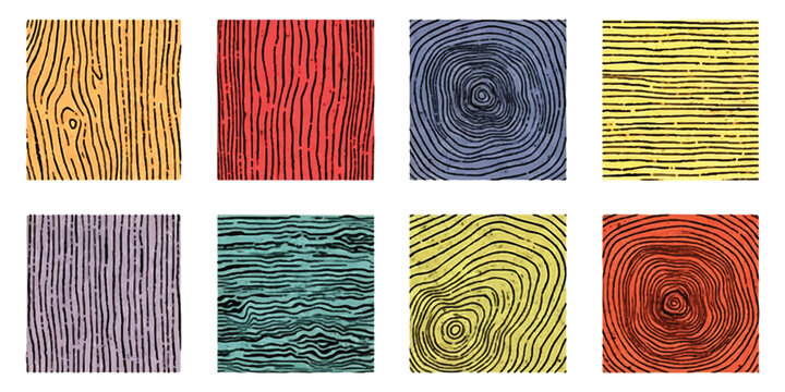 Set of colorful hand drawn wood grain and tree ring textures in square frames