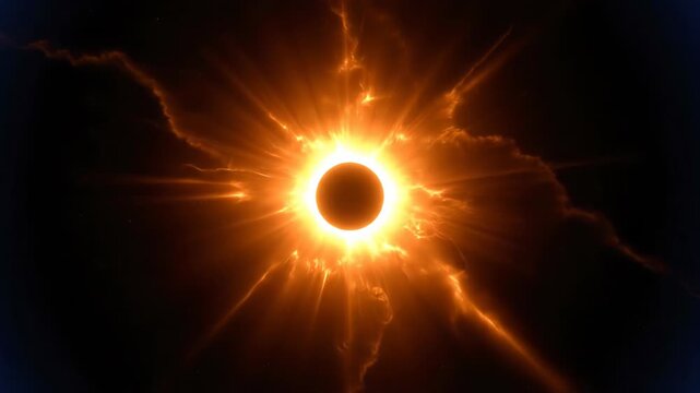 A total solar eclipse creates a stunning corona of light. The sun's fiery rays pierce through dark, wispy clouds.