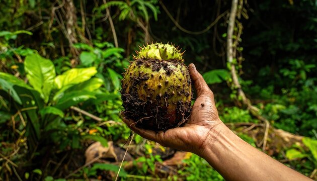A weathered hand holding a freshly harvested spiky soursop fruit covered in damp soil against a lush green forest background.