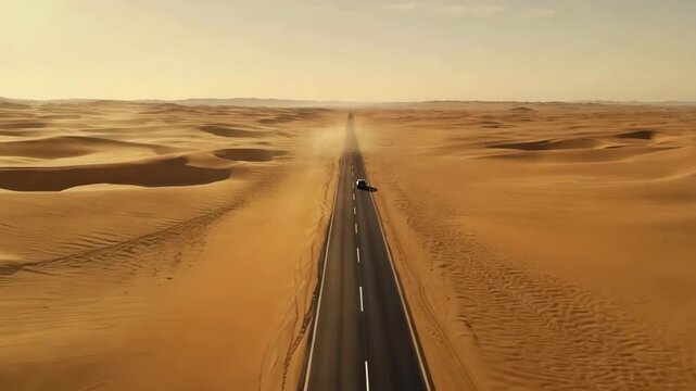 Aerial view of a car driving down a long road through a vast desert landscape with sand dunes