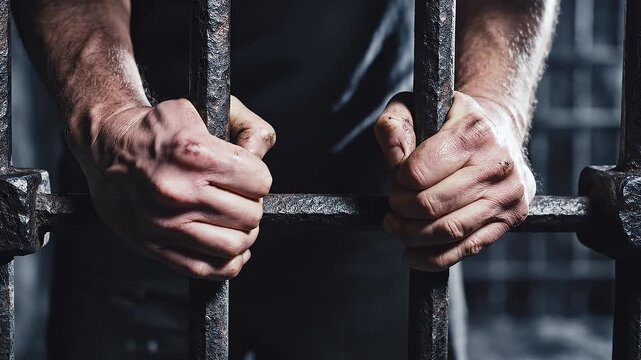 prisoner's hands behind bars with black background