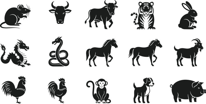 Black silhouette illustrations of twelve Chinese zodiac animals including rat, ox, tiger, rabbit, dragon, snake, horse, goat, rooster, monkey, dog, pig