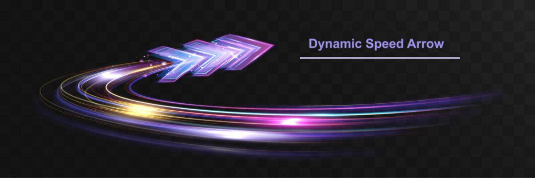 Dynamic neon speed arrow with glowing curved light trails in vibrant pink, blue, and gold tones. Futuristic motion effect on dark background, ideal for technology, fast movement, and modern design.