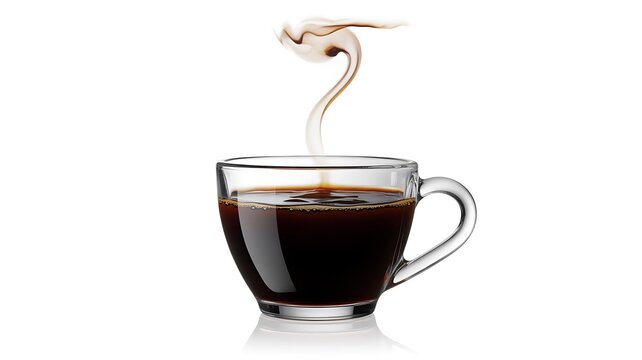 Hot black coffee glass cup steam rising isolated white background close up morning drink beverage product photography