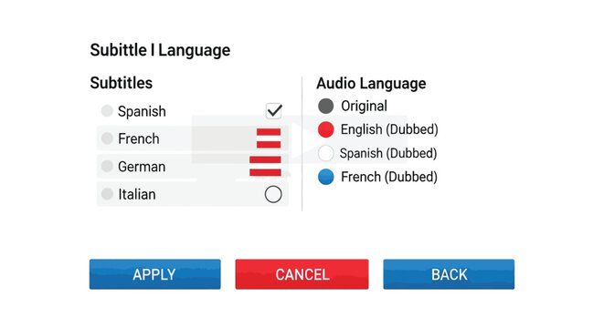 User interface screen displaying subtitle and audio language selection options with radio buttons and dropdown menus for spanish french german and italian alongside original