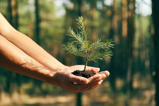 Paired hands presenting pine seedling in sunlit forest setting