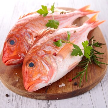 Two vibrant red snapper fish displayed on a wooden board, garnished with herbs and peppercorns