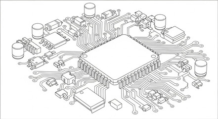 Obraz premium Detailed illustration of a complex computer motherboard circuit board.