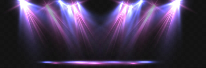 Obraz premium Colorful stage spotlights shining downward with glowing beams in purple and blue tones. Dramatic lighting effect on dark background, ideal for concerts, events, and presentation scenes. 