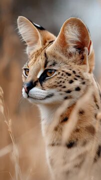 Serval cat in a grassland looking for prey during the day