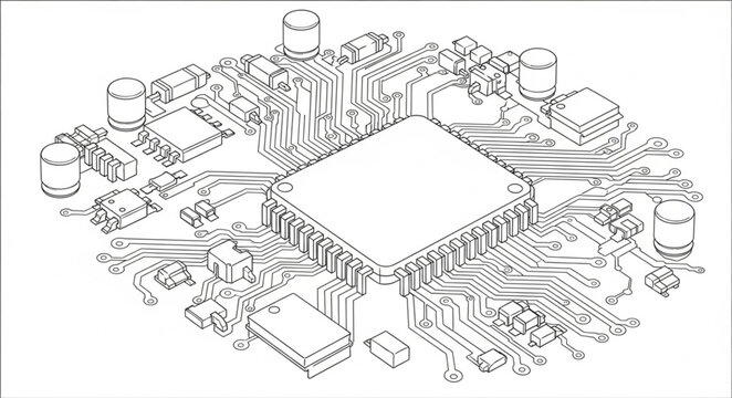 Detailed illustration of a complex computer motherboard circuit board.
