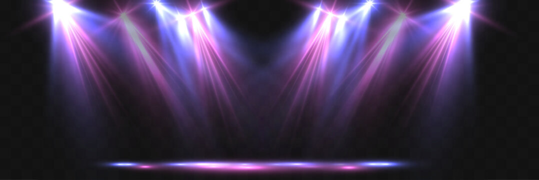 Colorful stage spotlights shining downward with glowing beams in purple and blue tones. Dramatic lighting effect on dark background, ideal for concerts, events, and presentation scenes.
