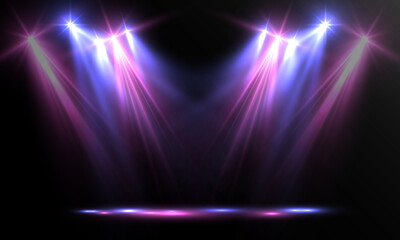 Obraz premium Colorful stage spotlights shining downward with glowing beams in purple and blue tones. Dramatic lighting effect on dark background, ideal for concerts, events, and presentation scenes. 