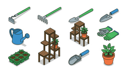 Isometric gardening tools and supplies collection, including a watering can, rake, hoe, shovel, seedling tray, plant stands, gloves, and potted plants. © Kenn
