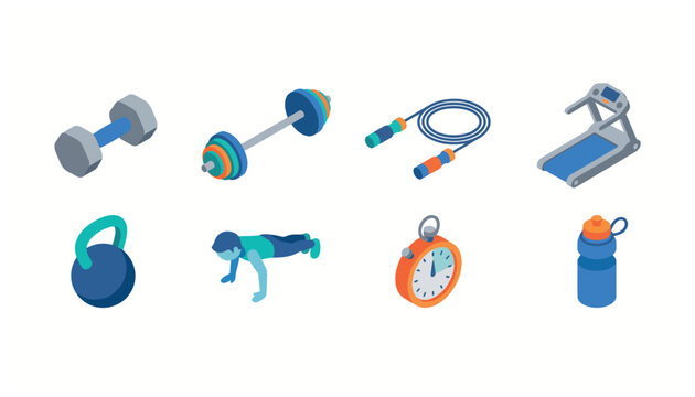 Collection of isometric fitness equipment and exercise icons on a white background, representing a healthy lifestyle.