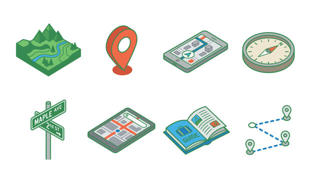 Set of isometric icons representing navigation, mapping, and travel elements.