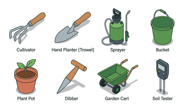 Collection of isometric gardening tools and equipment for planting and soil testing.