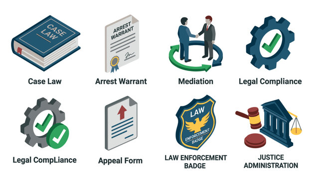 Collection of isometric icons representing legal and justice system concepts, including case law, arrest warrant, mediation, and law enforcement.